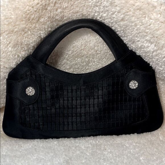 Metaphor Vintage Black Satin Woven Panel Evening Bag Rhinestones Accents - Picture 1 of 6